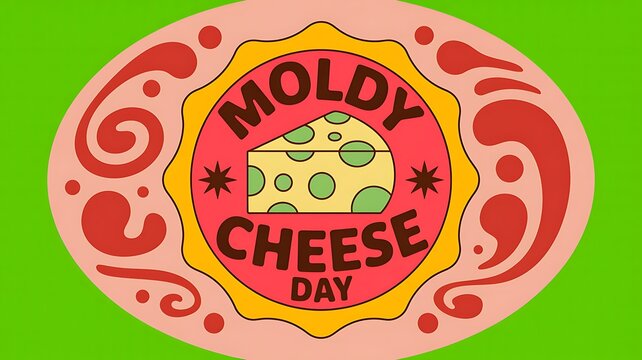 Moldy cheese day vintage retro design emblem with green background and cheese slice graphic food holiday greeting