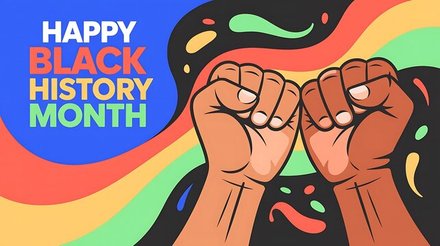 Happy black history month banner with raised fists and colorful abstract background vector illustration