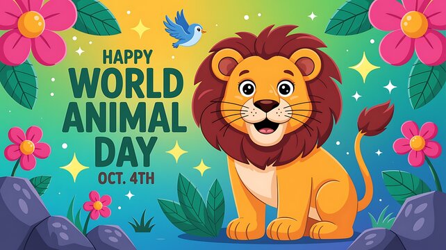 Happy world animal day cartoon banner featuring cute lion cub surrounded by colorful flowers foliage and little