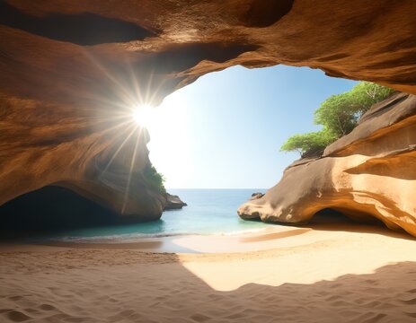 Hyper-realistic professional photo of Sunlight beaming through natural roof dome opening inside Benagil cave beach
