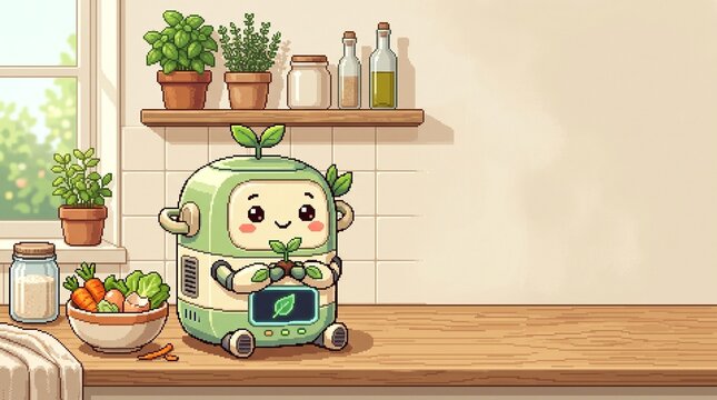 Kawaii pixel art smart compost bin in a minimalist kitchen for sustainable living concept.