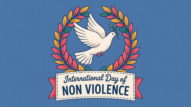 International day of non violence vector poster featuring a white dove and leaf wreath october second vector illus
