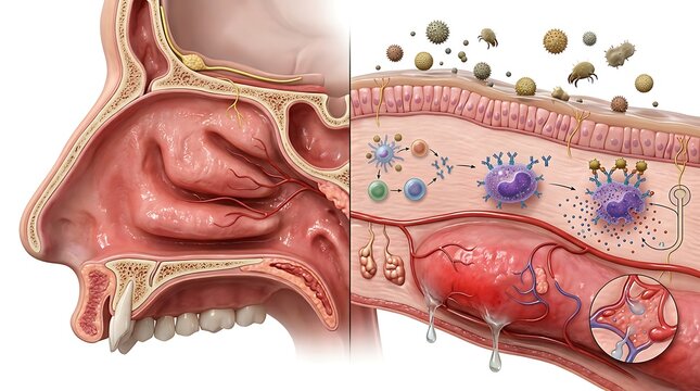 3D medical illustration showing the process of allergic sensitization in the nasal passage, comparing anatomical inflammation with the cellular pathway of antibody production