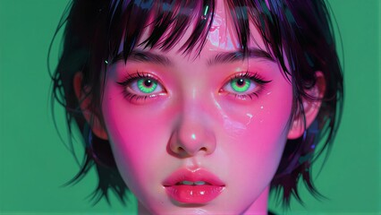 Obraz premium Neon-lit face with glowing green eyes and pink hues against a vibrant green background.