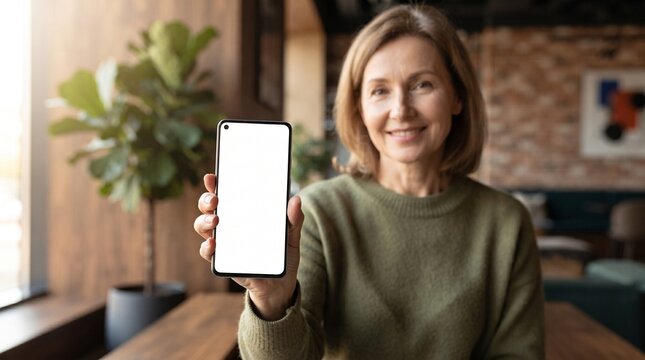 Mature woman smiling and showing blank smartphone screen mockup