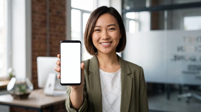 Smiling Asian businesswoman showing blank mobile phone screen mockup