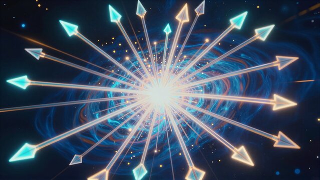 Radiant arrows explode from a cosmic center, swirling with energy and light.