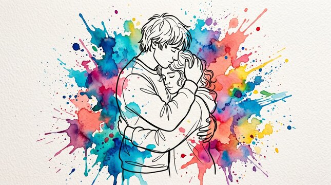 Two people embracing surrounded by colorful watercolor splashes with couple hugging watercolor painting embrace love colorful spla