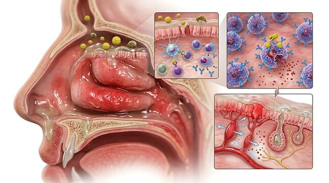Comprehensive 3D medical diagram of the allergic rhinitis mechanism featuring nasal anatomy and sequenced insets of immune cell activation and mucosal inflammatory responses