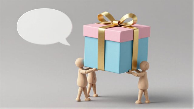 Two wooden figures carry a large pink and blue gift box with gold ribbon.