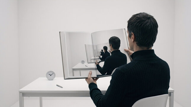 &ldquo;Surreal photograph of a person reading an infinite book within a book, symbolizing knowledge, recursion, and endless learning.&rdquo;
