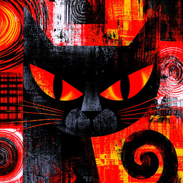 三角の耳とひげが特徴的な黒猫キャラクターアート、鮮やかな幾何学背景