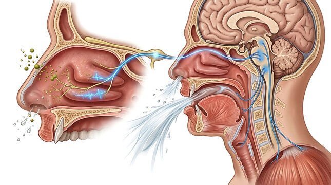 Medical illustration of the allergic sneezing reflex showing pollen particles triggering nerve signals from the nasal cavity to the brain stem and causing a sneeze reaction in a human head