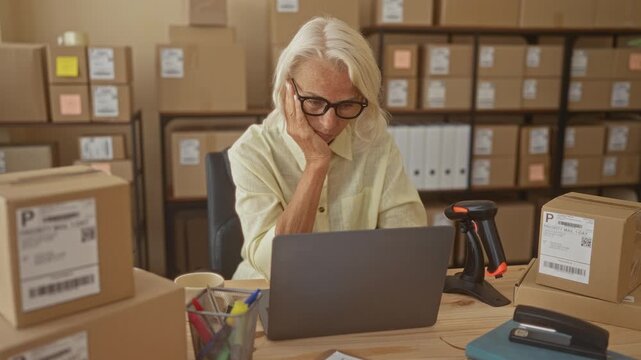 Woman at laptop surrounded by cardboard boxes, barcode scanner and packing supplies, hand on chin and crossed arms in building; focus productivity resilience.