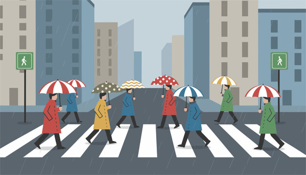 Pedestrians crossing street in rain with colorful umbrellas on city road with traffic lights and buildings in background.
