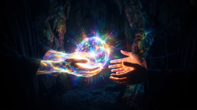 Magical glowing sphere of colorful light held between two hands in the dark with magic sphere colorful energy hands holding
