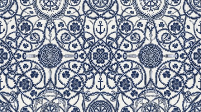 Blue and white nautical seamless pattern featuring anchors and decorative baroque motifs anchor design baroque motif seamless