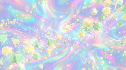 Obraz premium Floating Pastel Geometric Shapes On Abstract Holographic Iridescent Background With Glitter Effect