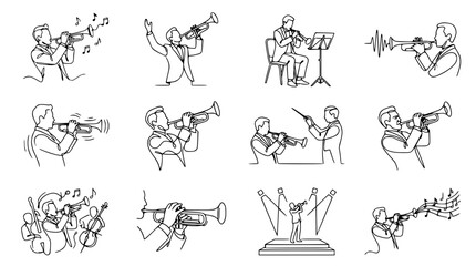 Trumpet Player Collection: Single Line Art Illustrations © Tiway
