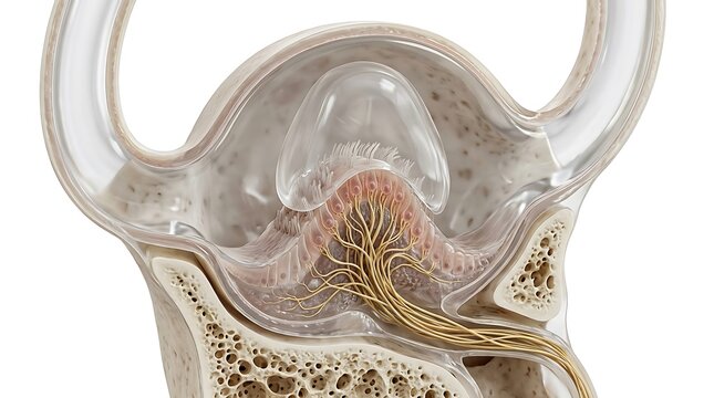 Detailed anatomical cutaway illustration of the semicircular canal ampulla showing the cupula and sensory hair cells connected to the vestibular nerve fibers