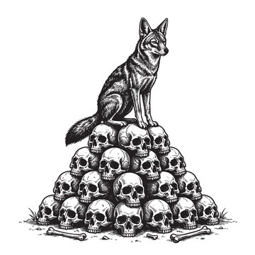 fox sitting human skull pile engraving