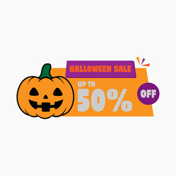 Halloween sale promotional graphic with pumpkin and discount offer.