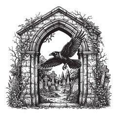 Naklejka premium raven flying gothic archway graveyard engraving