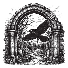 Naklejka premium raven flying stone arch cemetery engraving
