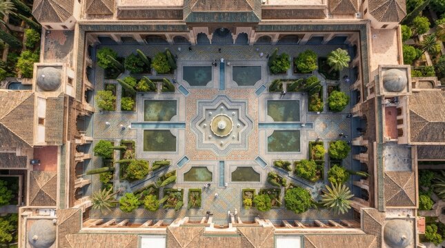 Aerial view of courtyard garden with geometric tile patterns and plants tile pattern historic building green plants patio design