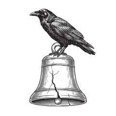 Naklejka premium raven perched cracked iron bell engraving