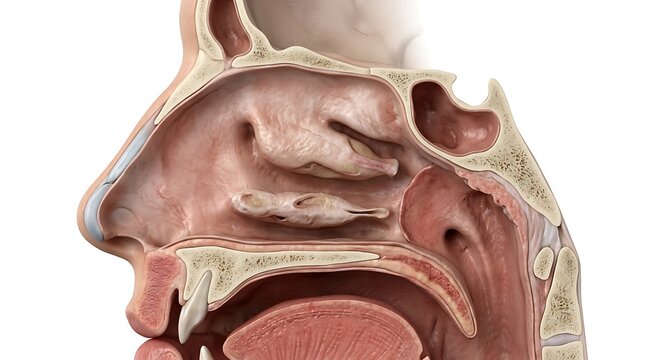 Detailed anatomical illustration of the human nasal cavity and paranasal sinuses in a sagittal cross section view showing internal bone structures and mucosal linings on a plain white background.