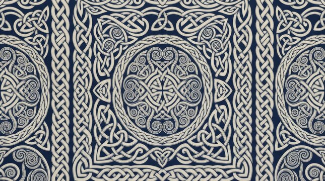 Celtic knotwork pattern with intricate interlocking white geometric lines on a dark blue textile background