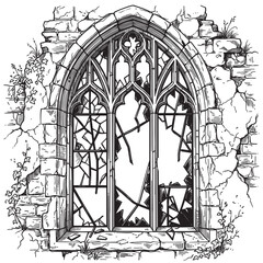 Naklejka premium shattered gothic window stone church ruins engraving