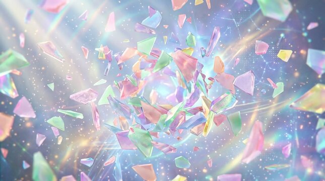 Abstract Background With Pastel Floating Geometric Glass Shards And Ethereal Glowing Light Particles