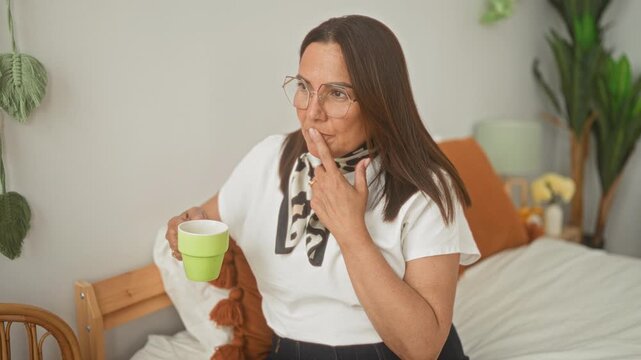 Woman holding a green cup and finger to lips on a bed in a building bedroom with plants, pillow and lamp; quiet contemplation.