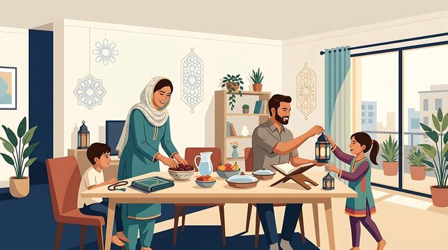 Muslim family preparing for iftar dinner together at home during ramadan season