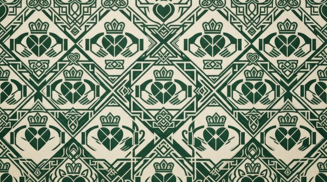 Geometric green and white pattern featuring repeated diamond shapes and traditional irish symbols geometric background traditional