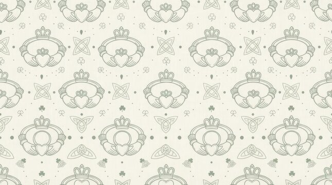 Seamless vintage pattern featuring traditional irish symbol design with hands holding heart under crown on light beige background