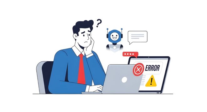 Confused Businessman Facing Artificial Intelligence Chatbot Error on Laptop