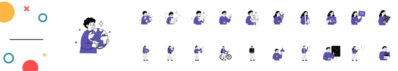 Fototapeta premium A collection of vector illustrations featuring characters promoting dark sky conservation, eco-friendly habits, and awareness about light pollution