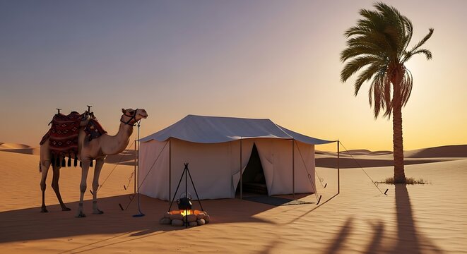 A bedouin camp with a dromedary camel standing next to a tent in the desert