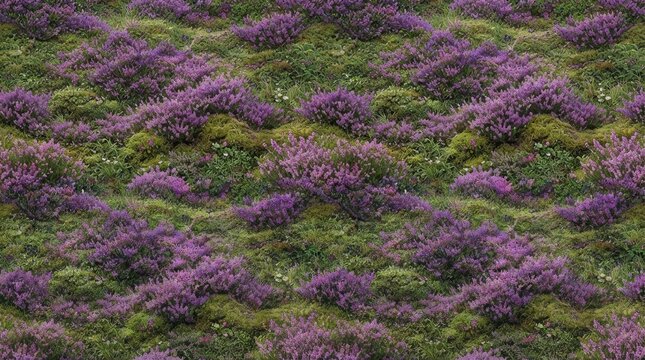 Natural blooming purple heather field texture with lush green foliage and ground cover purple flowers nature texture plant