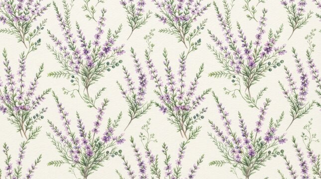 Charming seamless floral pattern with botanical arrangements of purple heather and green leaves seamless design repeating pattern