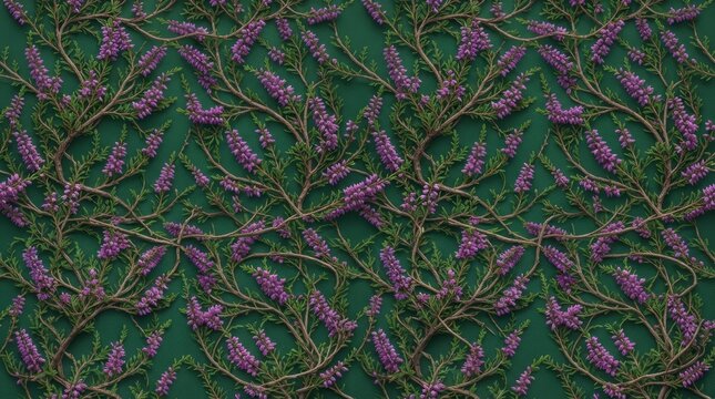 Seamless dark floral pattern with purple blossoms and green vines on textured background textured surface botanical print seamless