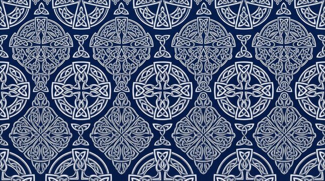 Dark blue seamless pattern featuring intricate white circular ornamentation and traditional celtic cross motifs