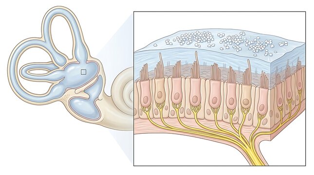 Medical illustration of the human inner ear vestibular system showing semicircular canals and a detailed close-up of sensory hair cells with otolith crystals for balance mechanism