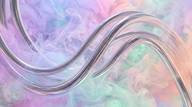 Abstract Metallic Cables Flowing Through Pastel Pink Purple And Green Soft Smoky Clouds Background