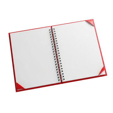 A red spiral bound notebook with blank white pages