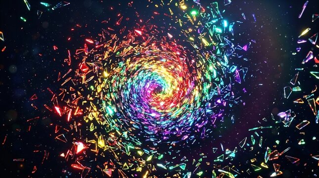 Abstract Swirling Vortex Of Radiant Glowing Rainbow Shards On Deep Dark Background With Light Sparks