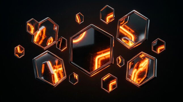 Abstract Geometric Hexagons With Glowing Orange Neon Lights On Dark Background